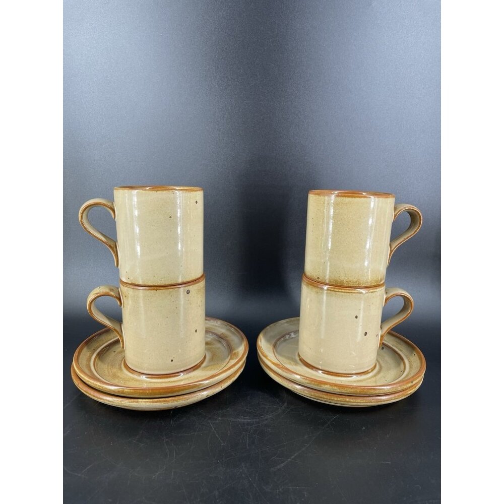 Dansk Nielstone Speckled Stoneware Coffee Mugs Tan Set of 4 Vtg Cup Saucer READ
